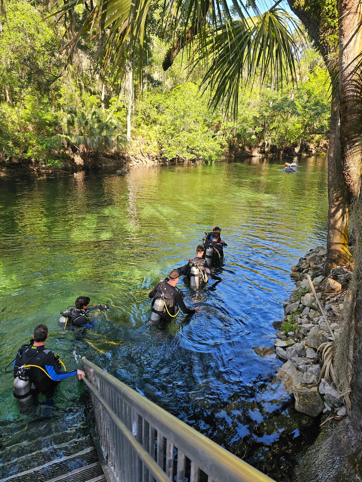 Scuba divers wading into the clear spring run at Blue Spring State Park