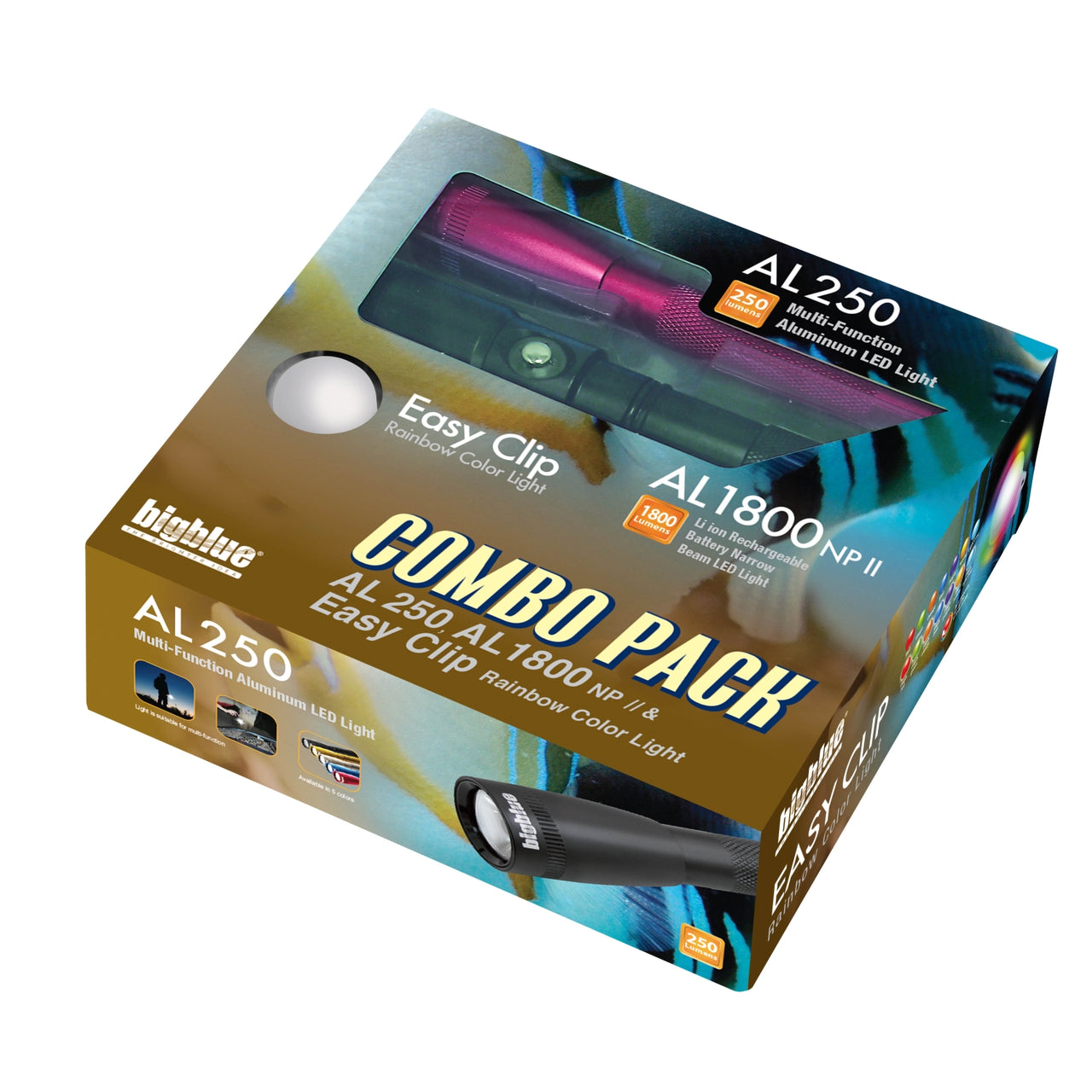 Dive Light Combo Pack: AL250 Black & AL1800NP Black & Easy Clip Rainbow